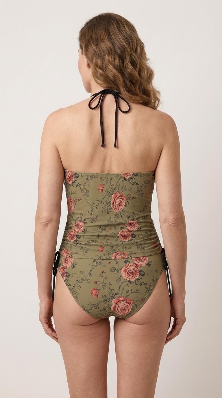 Retro Floral Tankini Two-Piece Swimsuit - Drawstring Halterneck Flattering Fit Surfing Swimwear - Olive Green