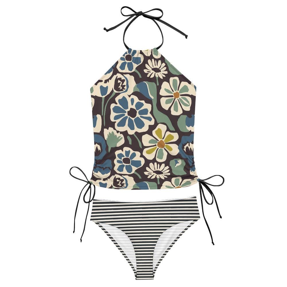 Retro Floral Tankini Two-Piece Swimsuit - Drawstring Halterneck Flattering Fit Surfing Swimwear - Navy with Stripes
