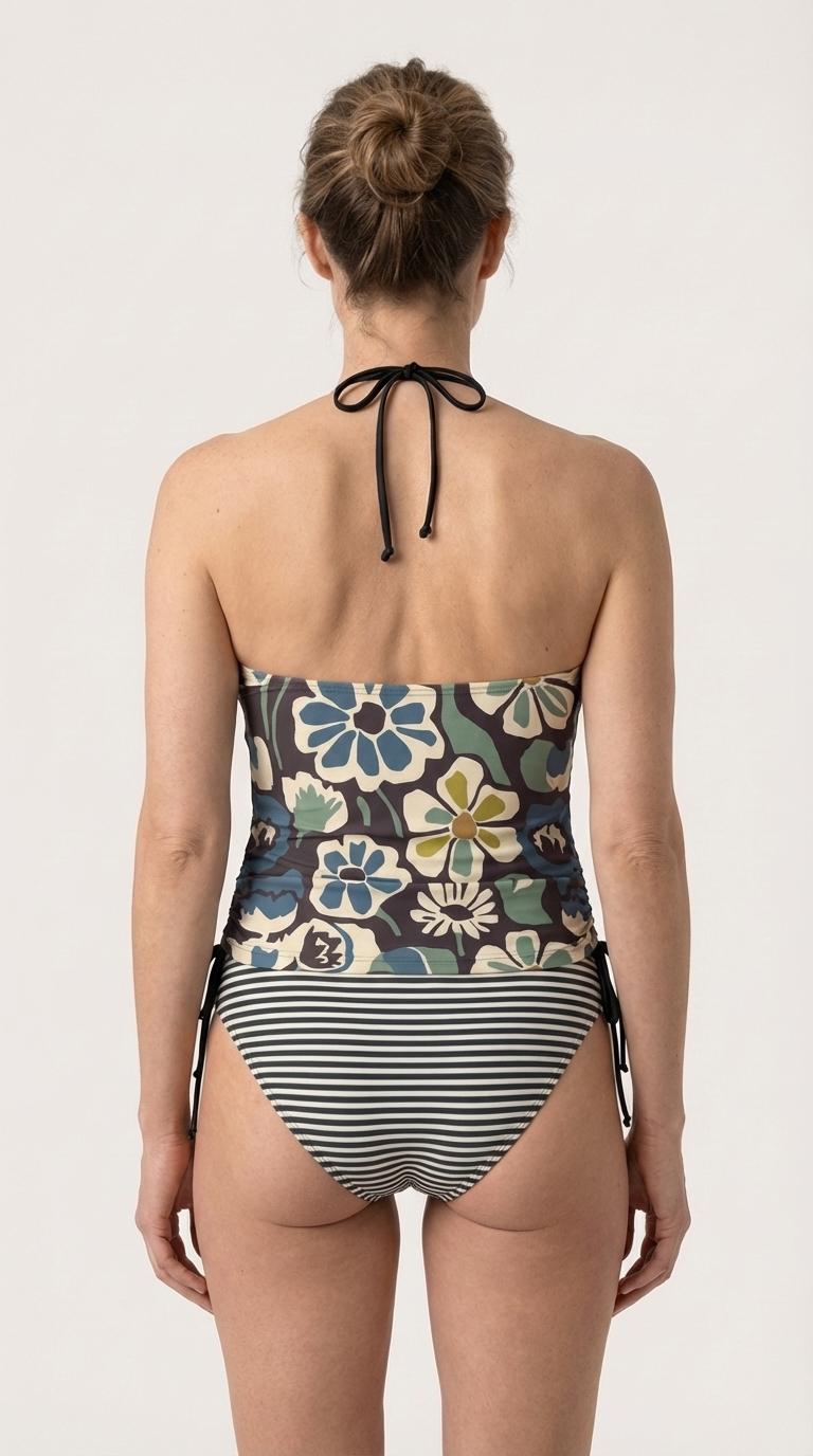 Retro Floral Tankini Two-Piece Swimsuit - Drawstring Halterneck Flattering Fit Surfing Swimwear - Navy with Stripes
