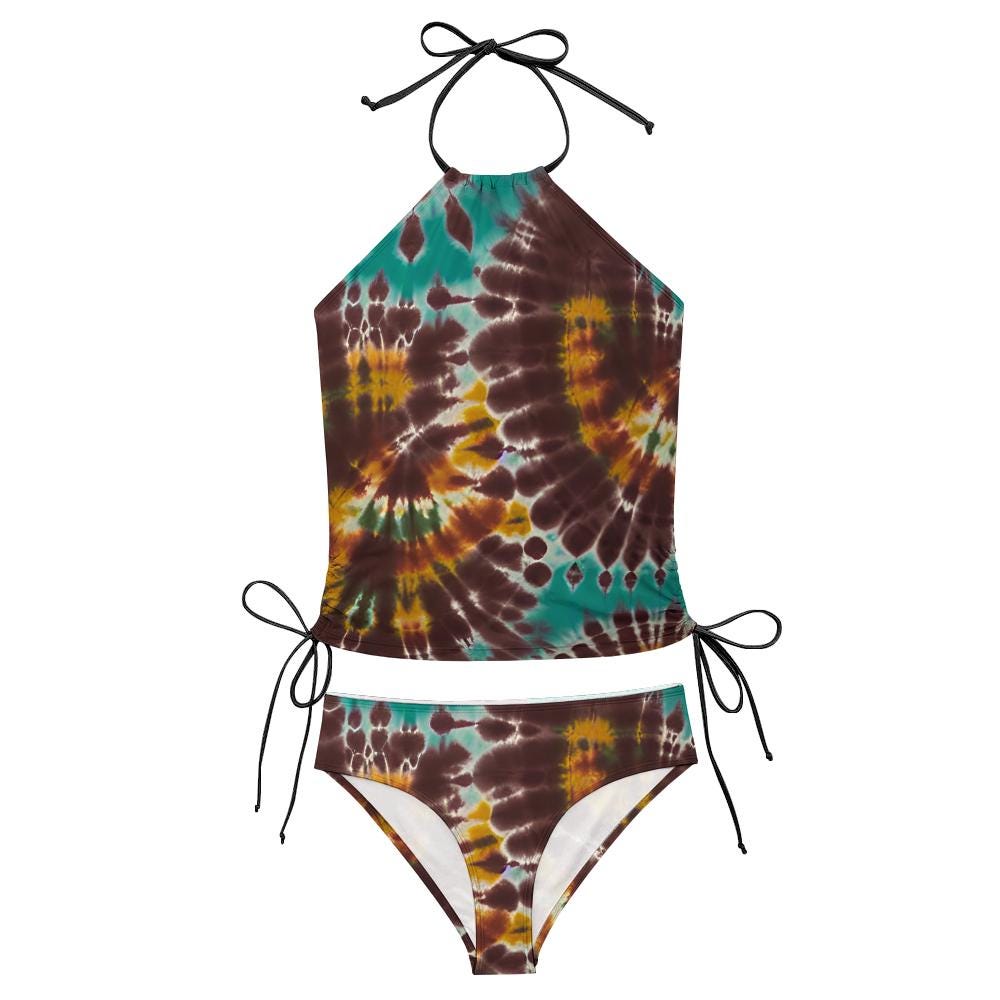 Retro Halterneck Tankini Swimsuit – 1960s Groovy Tie Print Print, Side Drawstrings - Brown & Teal
