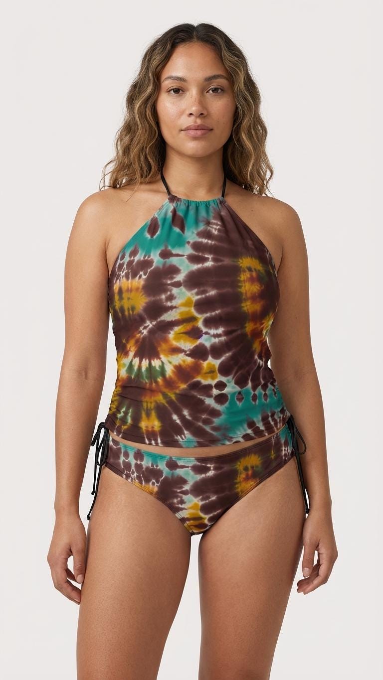 Retro Halterneck Tankini Swimsuit – 1960s Groovy Tie Print Print, Side Drawstrings - Brown & Teal