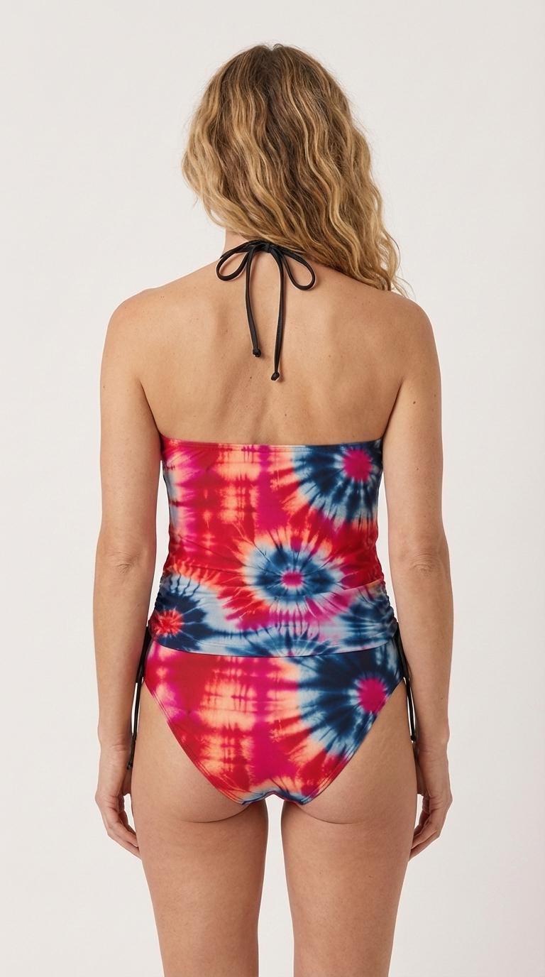 Retro Halterneck Tankini Swimsuit – 1960s Groovy Tie Print Print, Side Drawstrings - Red & Blue