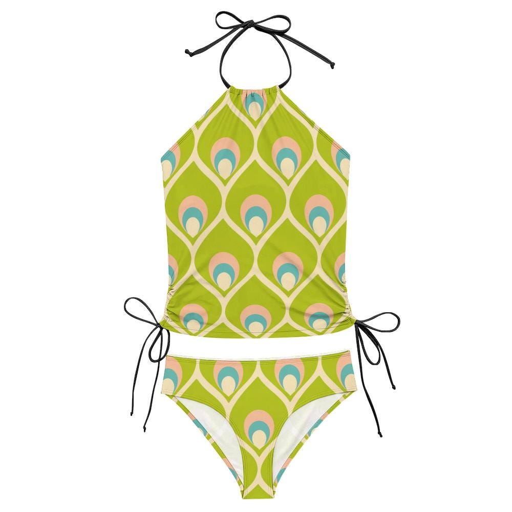 Retro Halterneck Tankini Swimsuit – 1960s Groovy Prints, Side Drawstrings - Avocado Green