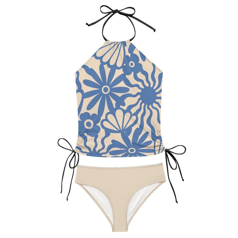 Retro Boho Floral Two-Piece Tankini Swimsuit Set - Drawstring Halterneck Flattering Fit Surfing Swimwear - Blue