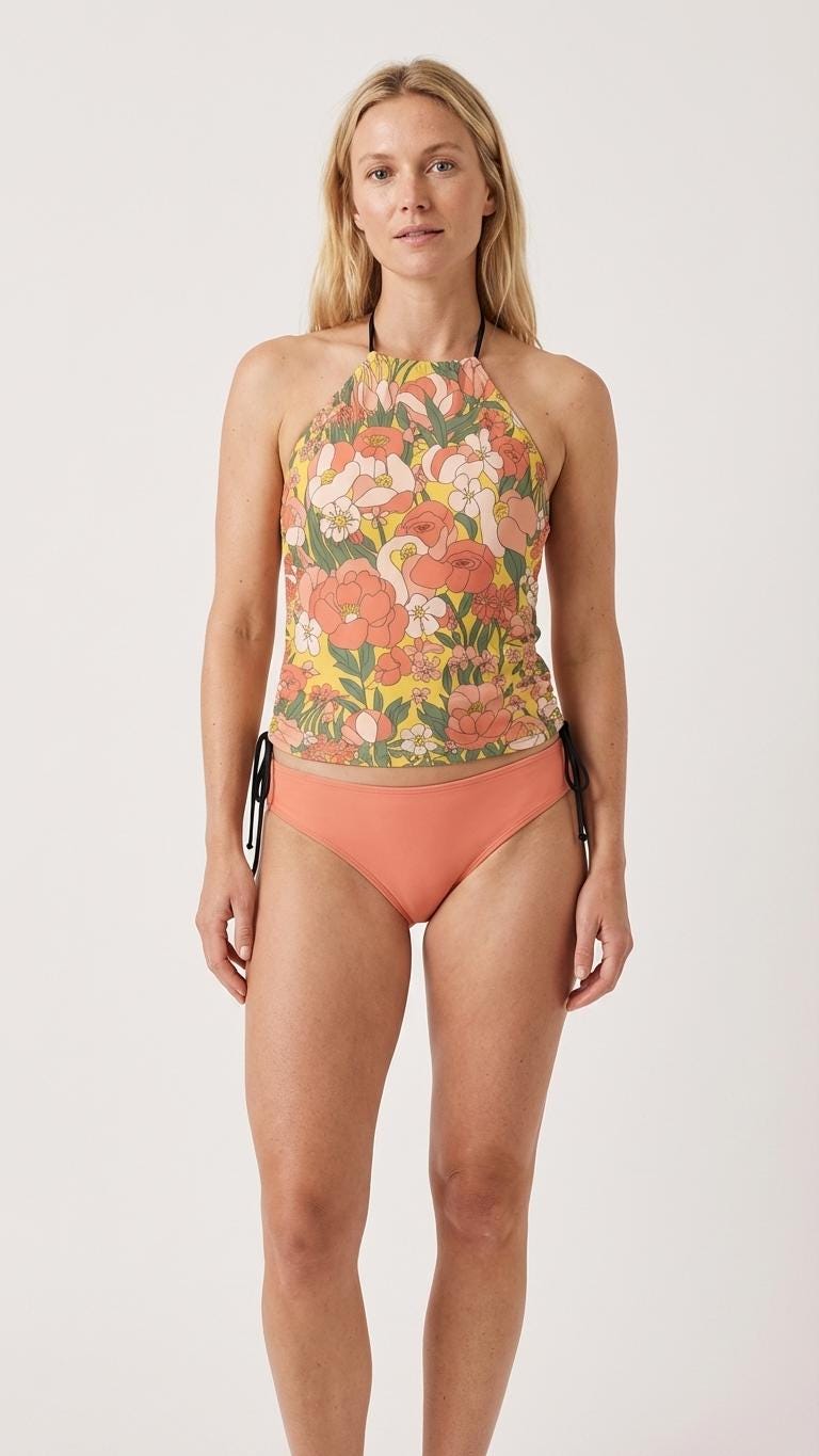 Retro Floral Tankini Two-Piece Swimsuit - Drawstring Halter Flattering Surfing Swimwear - Yellow Florals