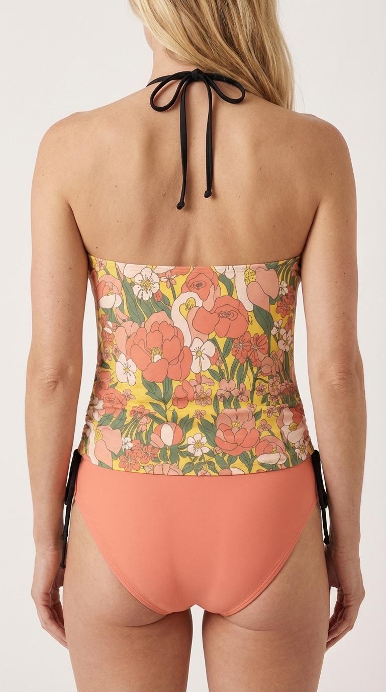 Retro Floral Tankini Two-Piece Swimsuit - Drawstring Halter Flattering Surfing Swimwear - Yellow Florals