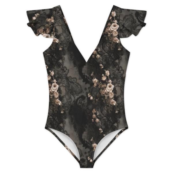 Retro Deep V-Neck Ruffle Sleeve One-Piece Swimsuit, Grunge Goth Florals, Lace & Roses Print