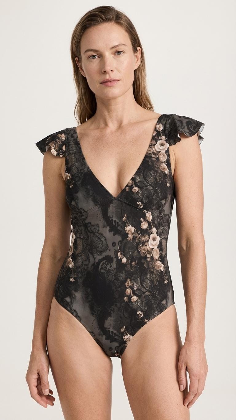 Retro Deep V-Neck Ruffle Sleeve One-Piece Swimsuit, Grunge Goth Florals, Lace & Roses Print