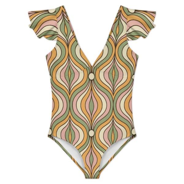 Stylish Retro Deep V-Neck Ruffle Sleeve One-Piece Swimsuit, Psychedelic Sixties Groovy Print