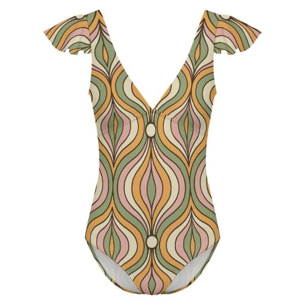 Stylish Retro Deep V-Neck Ruffle Sleeve One-Piece Swimsuit, Psychedelic Sixties Groovy Print