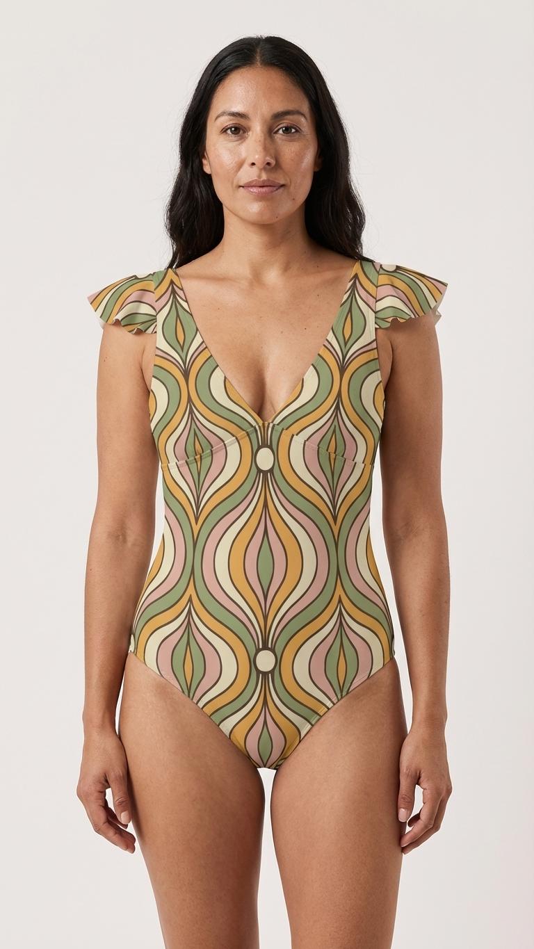 Stylish Retro Deep V-Neck Ruffle Sleeve One-Piece Swimsuit, Psychedelic Sixties Groovy Print