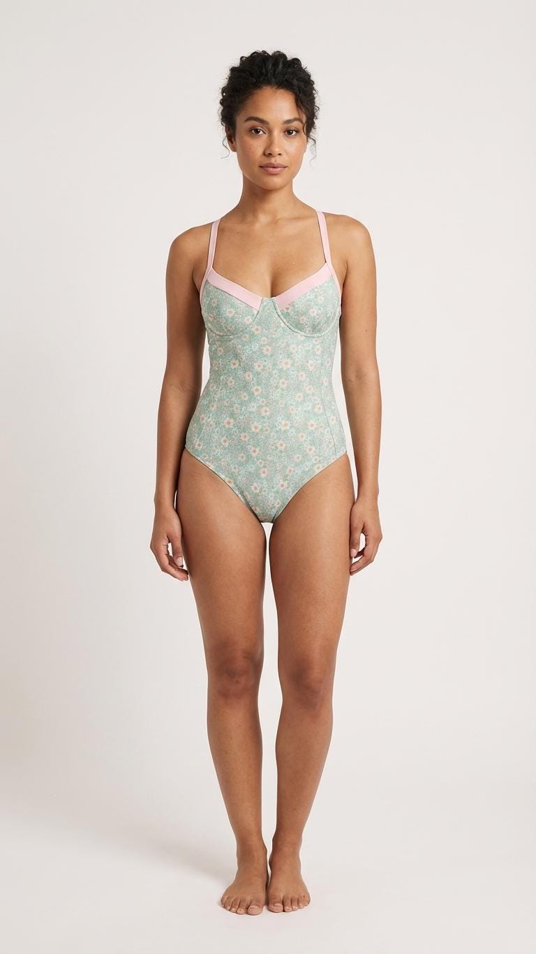Retro Romantic Floral Push-Up One-Piece Swimsuit with Lace-Up Back, Blue Ditsy Florals