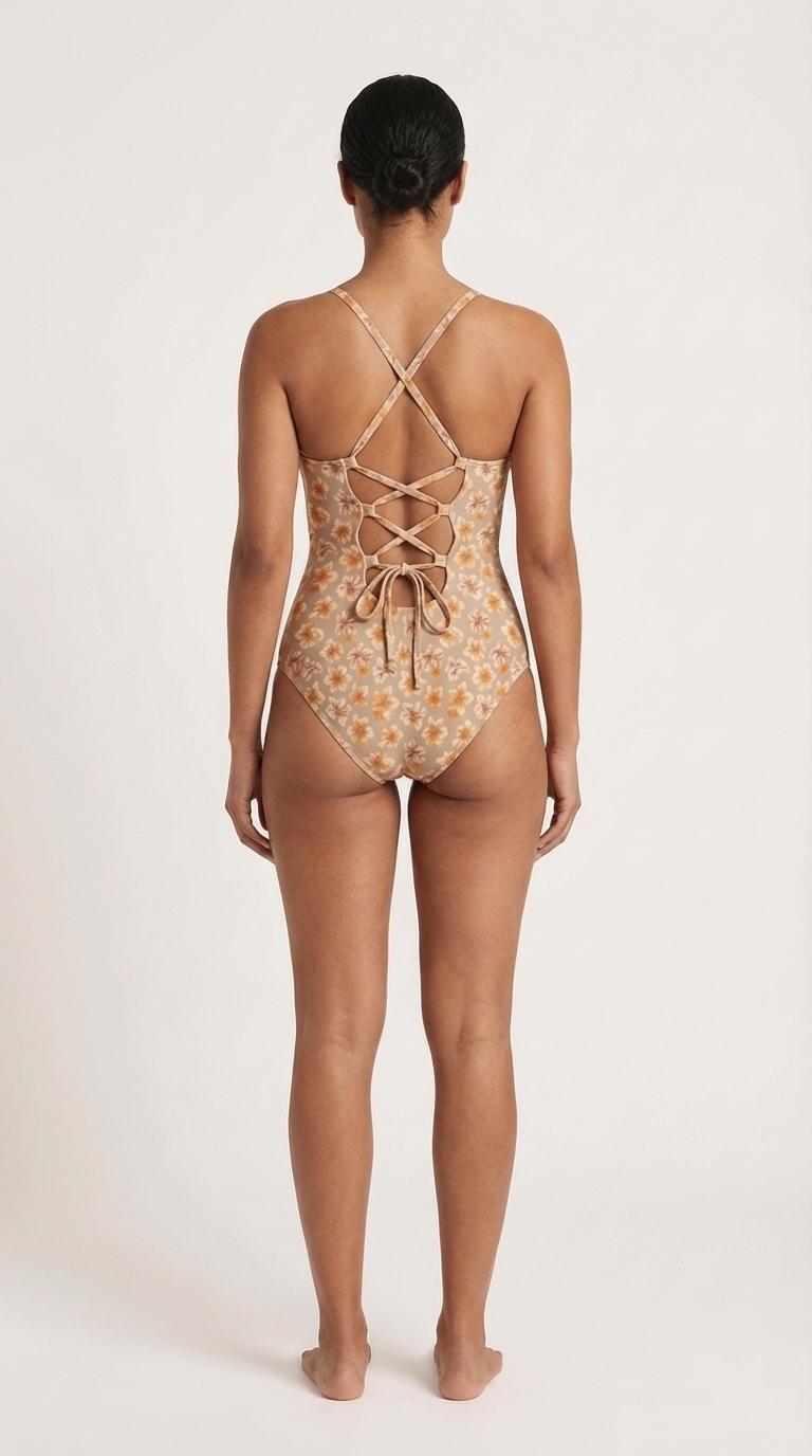 Retro Romantic Floral Push-Up One-Piece Swimsuit with Lace-Up Back, Taupe with Earthy Florals