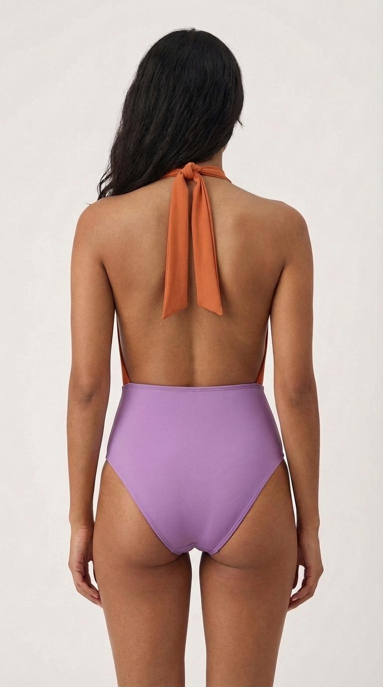 Retro Monroe Rust and Purple Halter Plunge One Piece Swimsuit