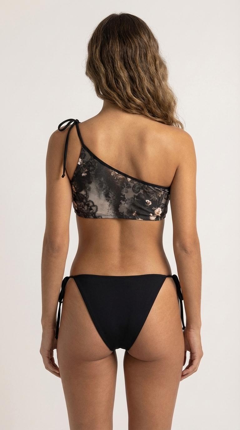 Dark Coquette Grunge Goth Lace Baroque Roses Black Trim Bikini, Off Shoulder Triangle Swimsuit