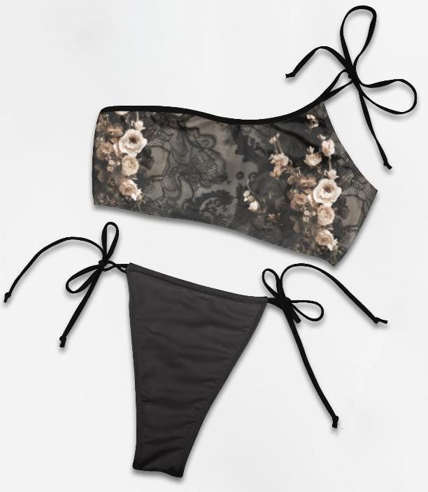 Dark Coquette Grunge Goth Lace Baroque Roses Black Trim Bikini, Off Shoulder Triangle Swimsuit