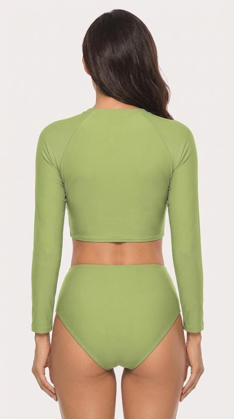 70s Retro Surf Colours Sporty Long-Sleeve Crop-Top Bikini | High-Waist Two-Piece Swimwear | Sage Green