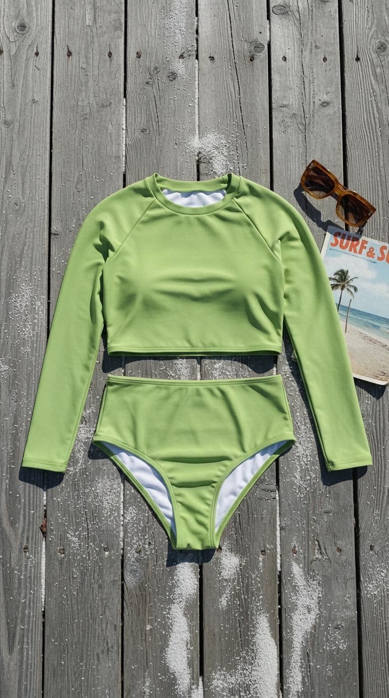 70s Retro Surf Colours Sporty Long-Sleeve Crop-Top Bikini | High-Waist Two-Piece Swimwear | Sage Green