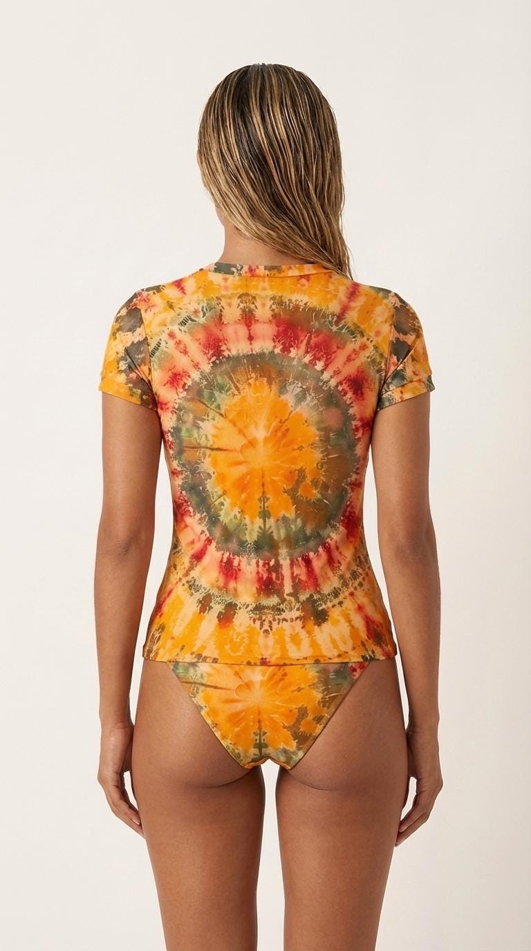 Retro Surf Bikini Set – Short Sleeve Tankini Rash Guard | Boho Tie Dye Print