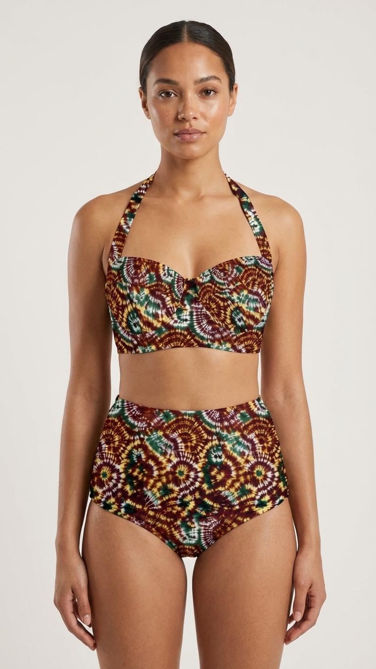 Retro High-Waist Bikini | Tie Dye-Print Halter Swimsuit | Boho Ruched Two-Piece Bathing Suit | Forest Colours