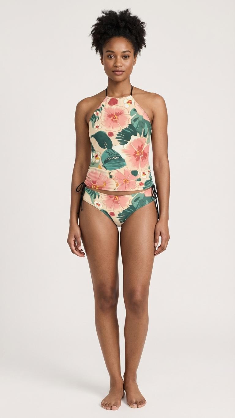 Retro Floral Tankini Two-Piece Swimsuit - Drawstring Halterneck Flattering Fit Surfing Swimwear - Delicate Pinks & Greens