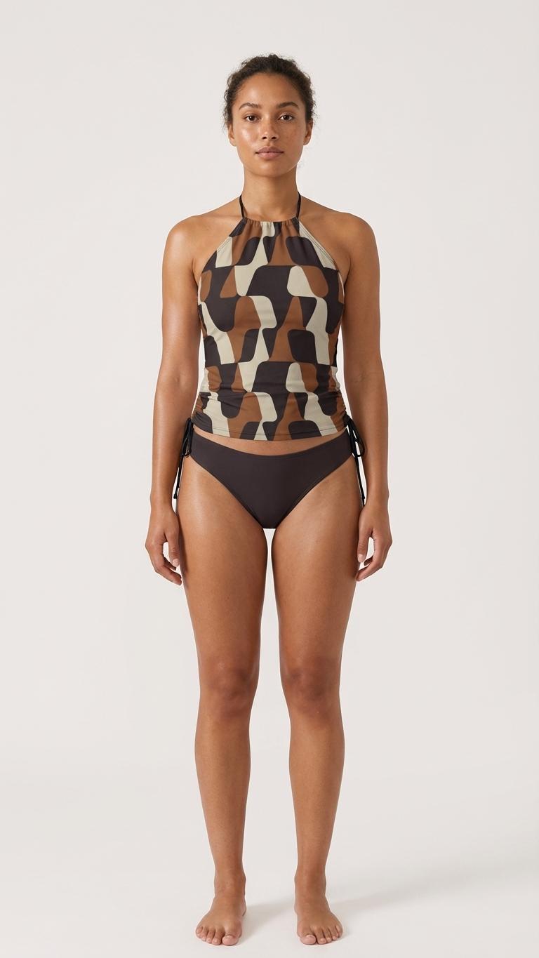 Retro Flattering Tankini Groovy 1960s-Inspired Two-Piece Drawstring Halterneck Swimsuit - Water Sports, Surfing - Mod Browns