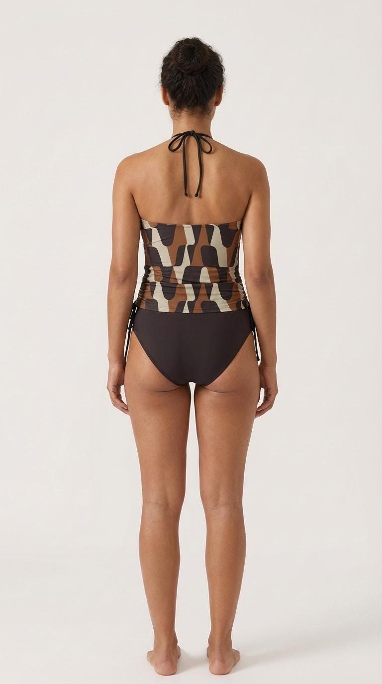 Retro Flattering Tankini Groovy 1960s-Inspired Two-Piece Drawstring Halterneck Swimsuit - Water Sports, Surfing - Mod Browns