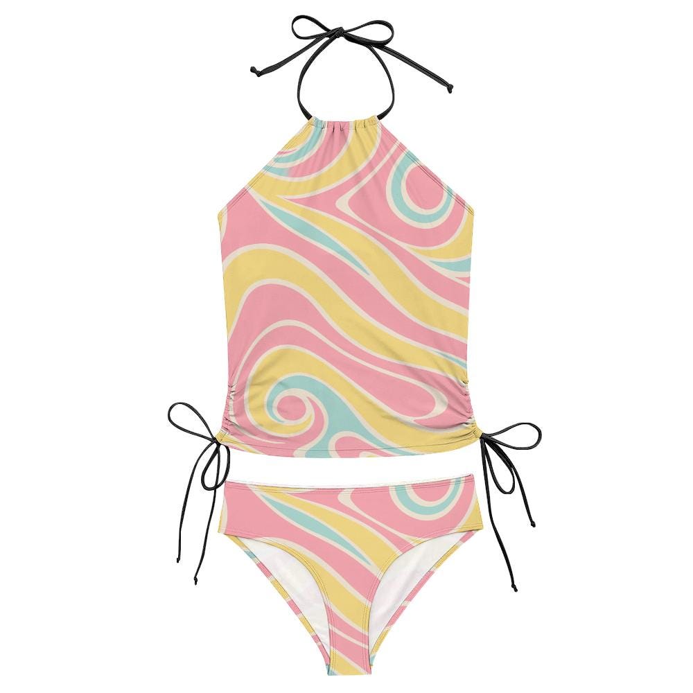 Retro Tankini Two-Piece Swimsuit - Drawstring Halterneck Flattering Fit Surfing Swimwear - Bubblegum