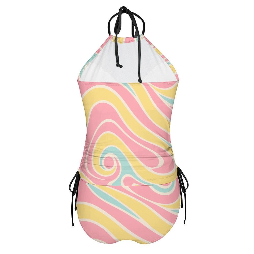 Retro Tankini Two-Piece Swimsuit - Drawstring Halterneck Flattering Fit Surfing Swimwear - Bubblegum