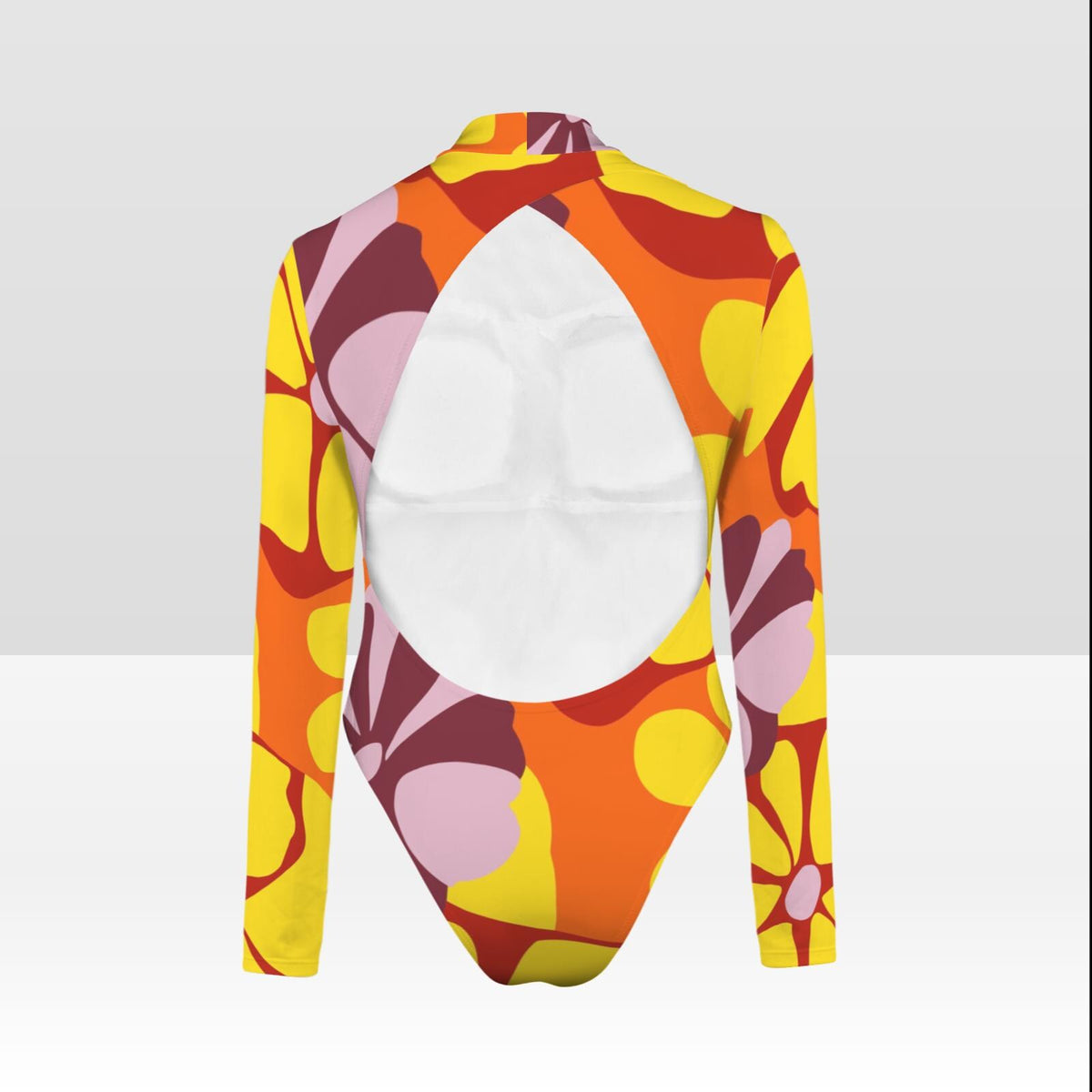 Colourful Long-Sleeve Open-Back Swimsuit, One-Piece Surf Swimwear, Front Lined, Removable Padding