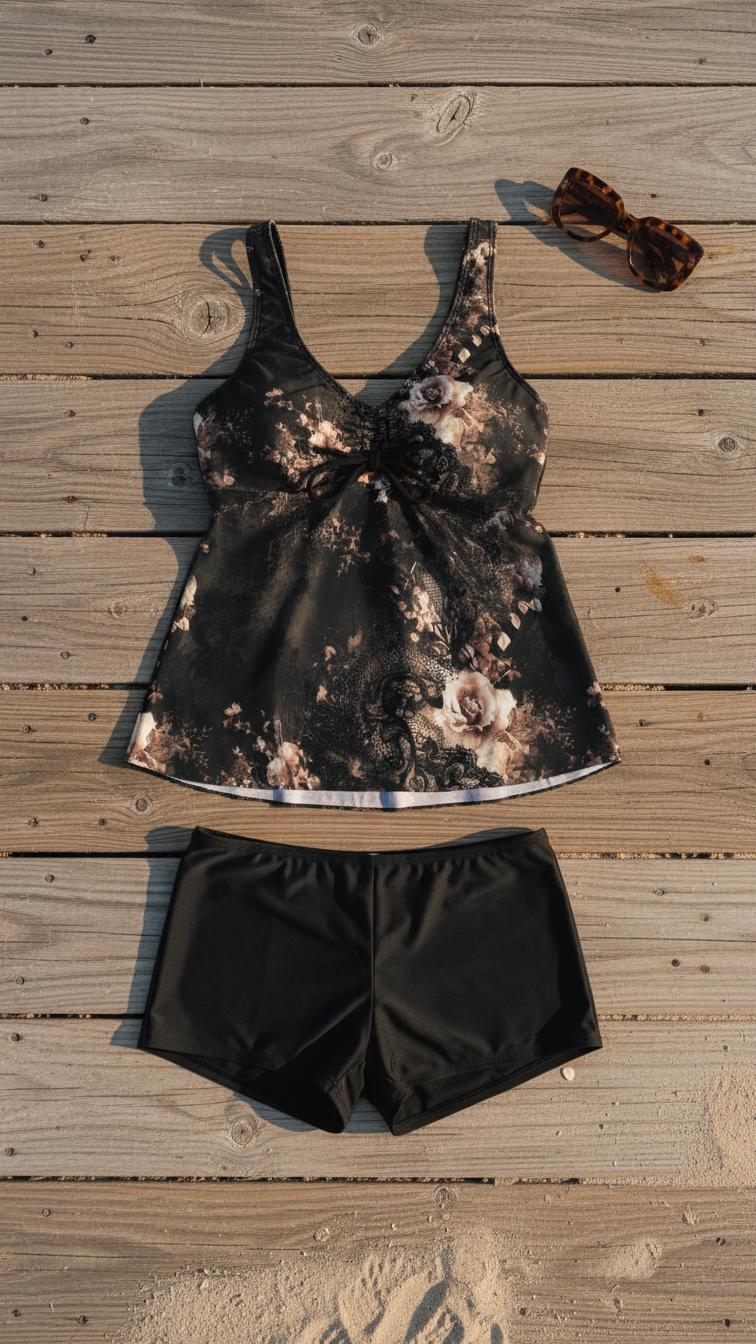 Drawstring Tankini Two-Piece Swimsuit with Boyshorts, Black Grunge Goth Roses & Lace Print