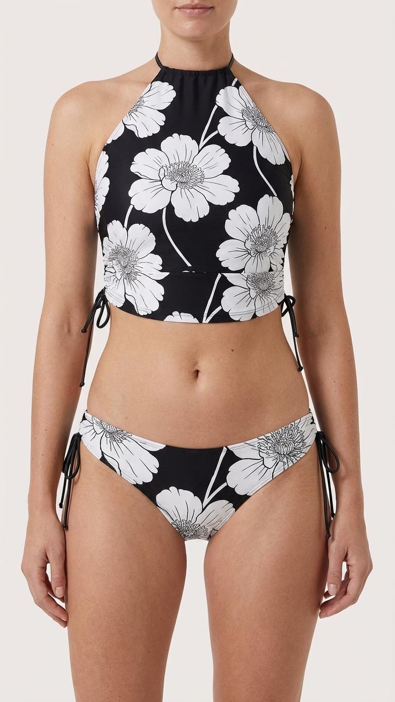 Retro Black & White Floral Tankini – Surfer Two-Piece Swimsuit, Halterneck Drawstring, Flattering Fit