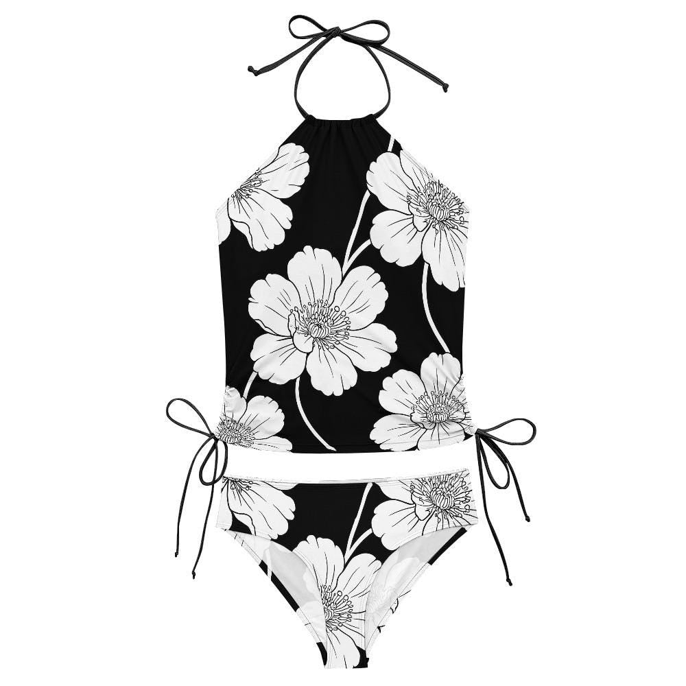 Retro Black & White Floral Tankini – Surfer Two-Piece Swimsuit, Halterneck Drawstring, Flattering Fit
