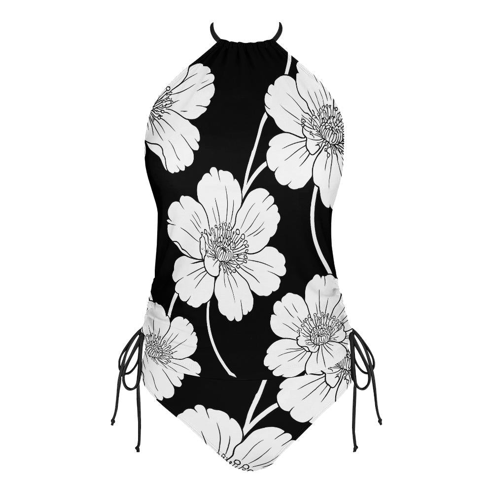Retro Black & White Floral Tankini – Surfer Two-Piece Swimsuit, Halterneck Drawstring, Flattering Fit