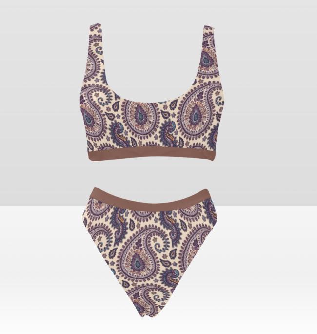 Retro Boho Paisley Sporty Sexy Bikini – High-Waisted Swimsuit, Scoop-Neck Crop-Top, Flattering High-Leg