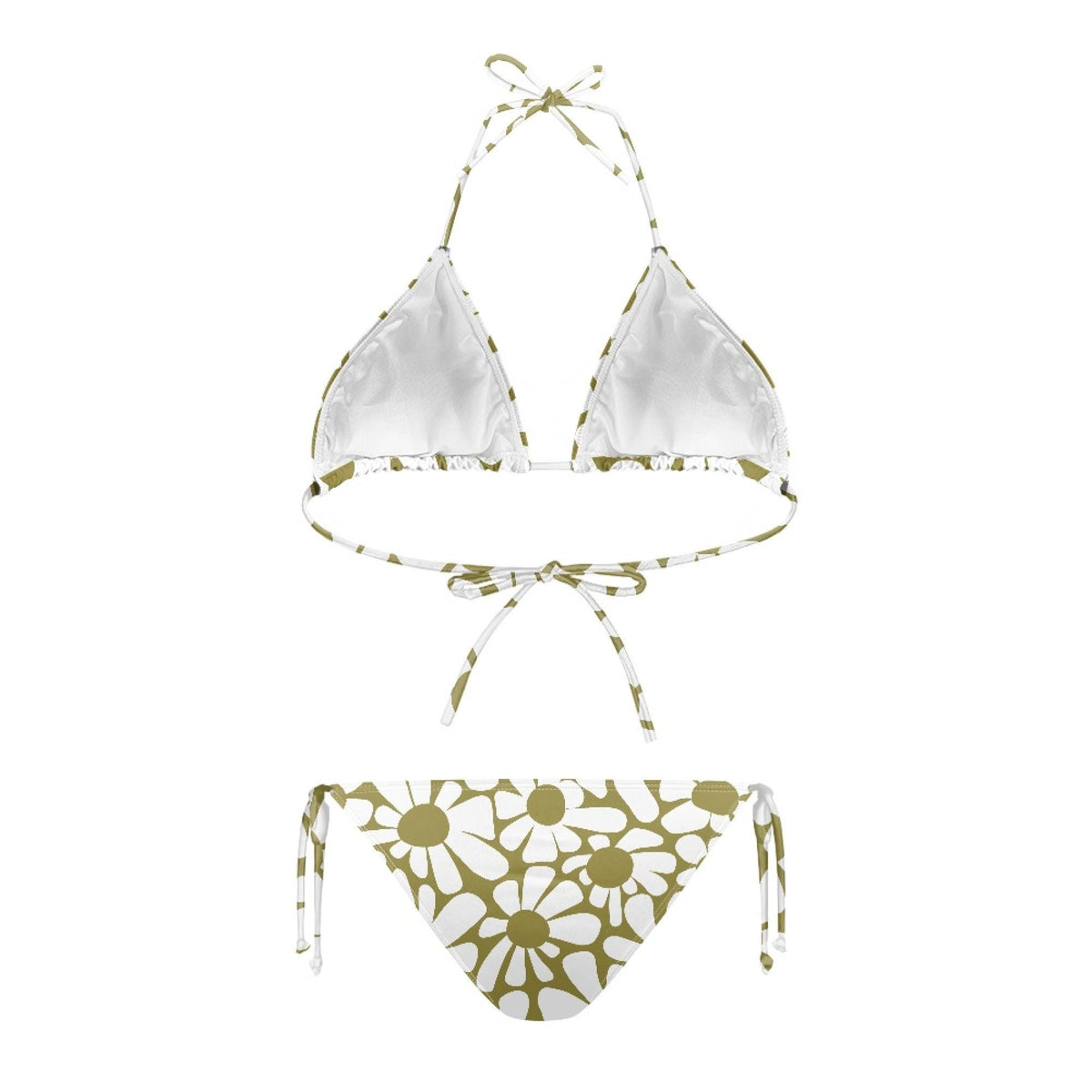 Groovy Retro Floral Triangle Bikini Swimsuit Set, Removable Pads, Halter String Tie-Up - Olive & White