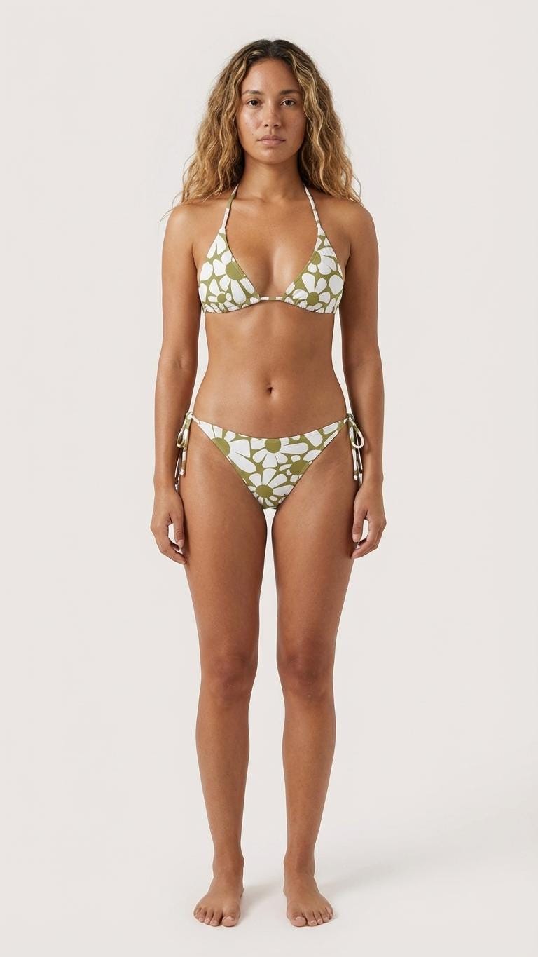 Groovy Retro Floral Triangle Bikini Swimsuit Set, Removable Pads, Halter String Tie-Up - Olive & White