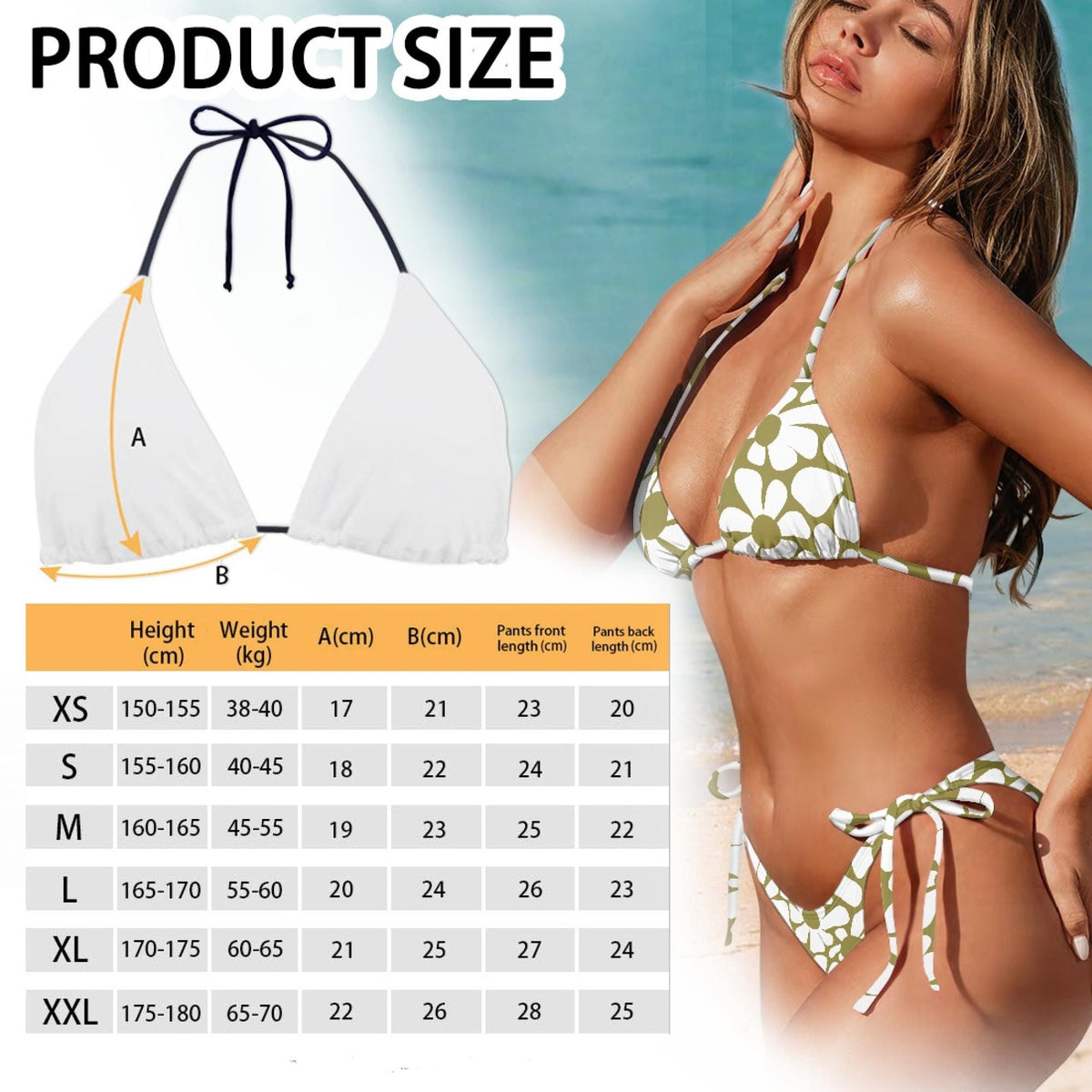 Groovy Retro Floral Triangle Bikini Swimsuit Set, Removable Pads, Halter String Tie-Up - Olive & White