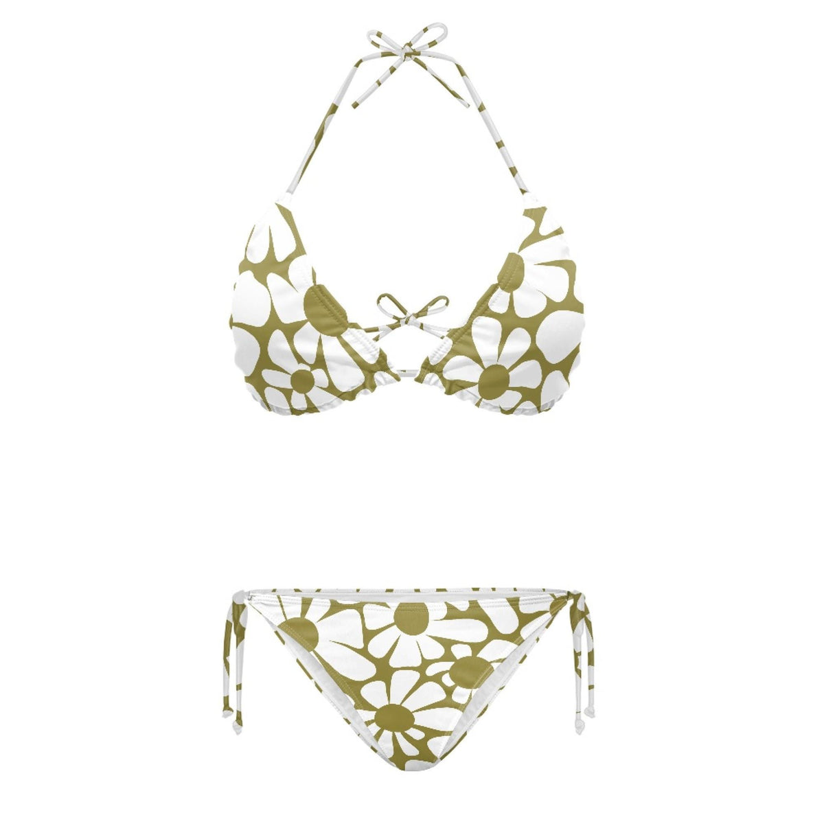Groovy Retro Floral Triangle Bikini Swimsuit Set, Removable Pads, Halter String Tie-Up - Olive & White