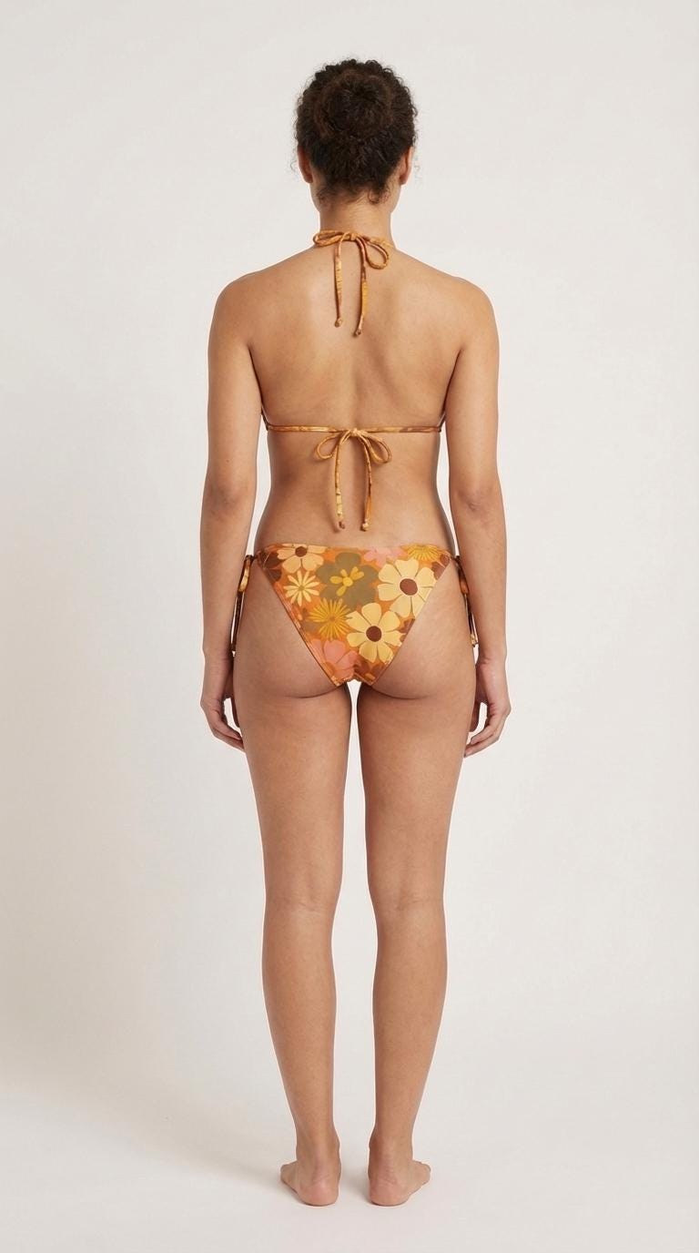 Groovy Retro Floral Triangle Bikini Swimsuit Set, Removable Pads, Halter String Tie-Up - Browns
