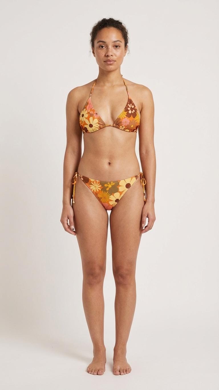 Groovy Retro Floral Triangle Bikini Swimsuit Set, Removable Pads, Halter String Tie-Up - Browns