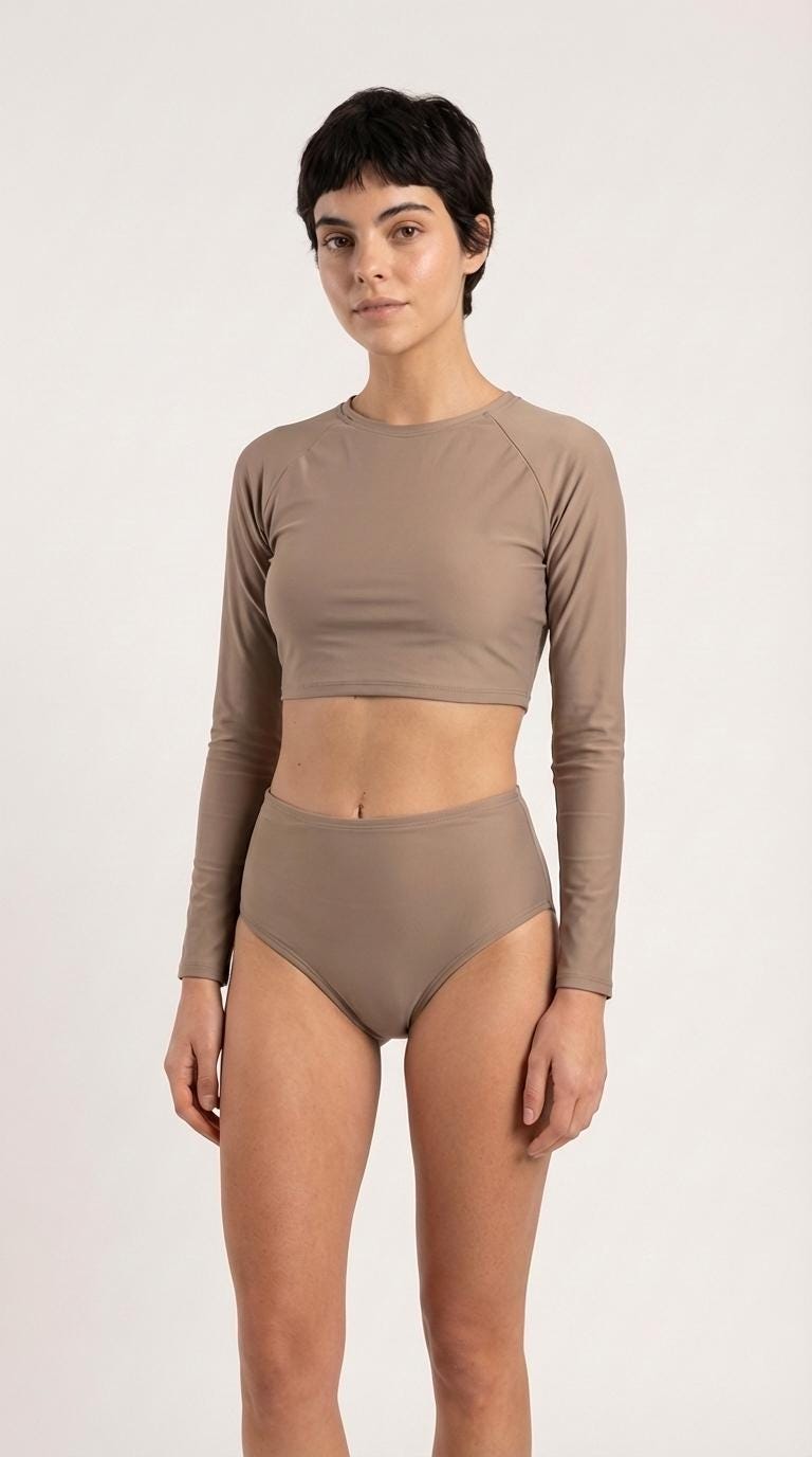 70s Retro Surf Colours Sporty Long-Sleeve Crop-Top Bikini | High-Waist Swimwear | S-2XL | Beige Sand Brown
