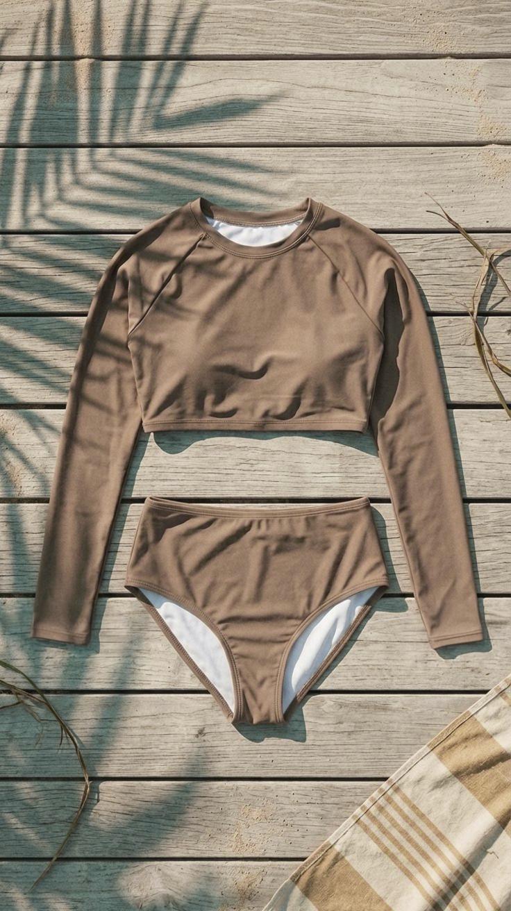 70s Retro Surf Colours Sporty Long-Sleeve Crop-Top Bikini | High-Waist Swimwear | S-2XL | Beige Sand Brown