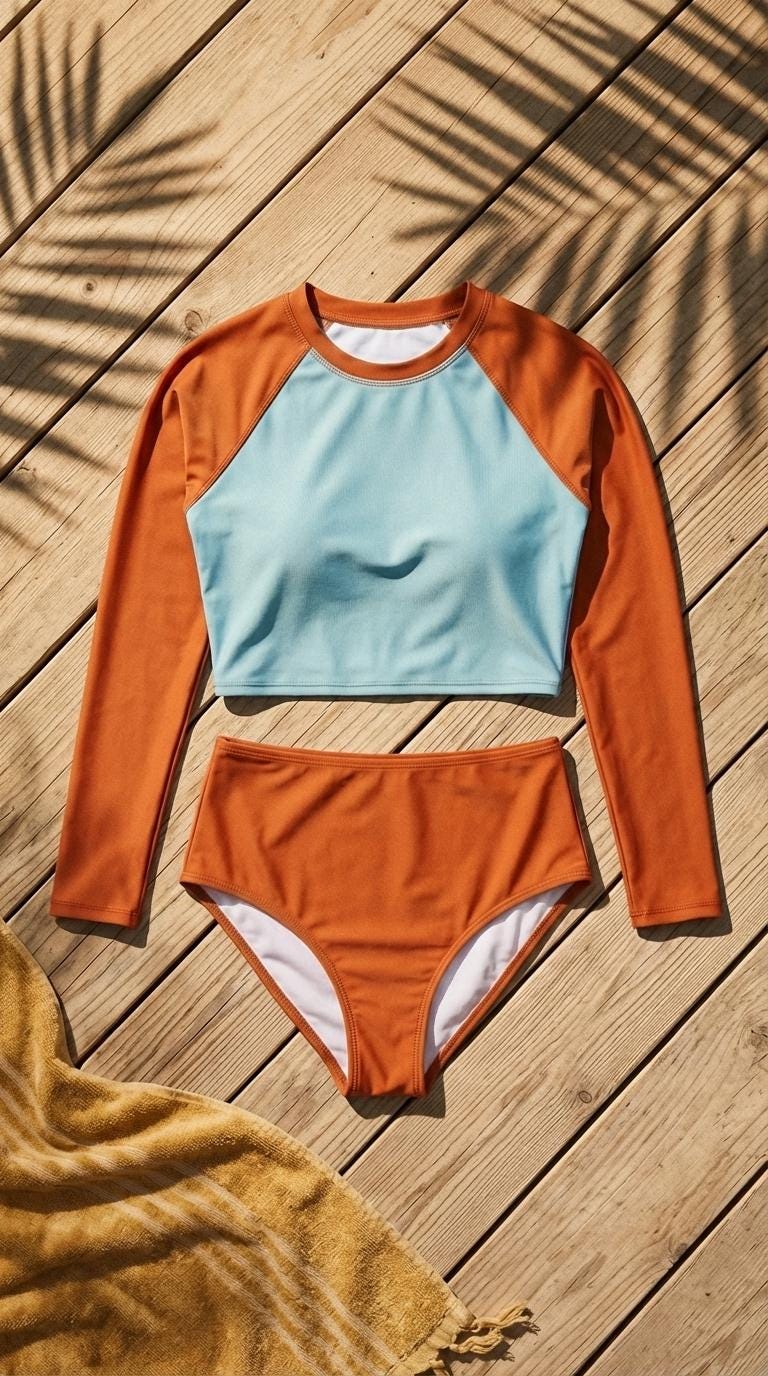 Retro 70s-Style Long-Sleeve Bikini - Cropped Rash Guard, High-Waist Bottoms - Sporty Two-Piece Swimsuit, Orange & Blue