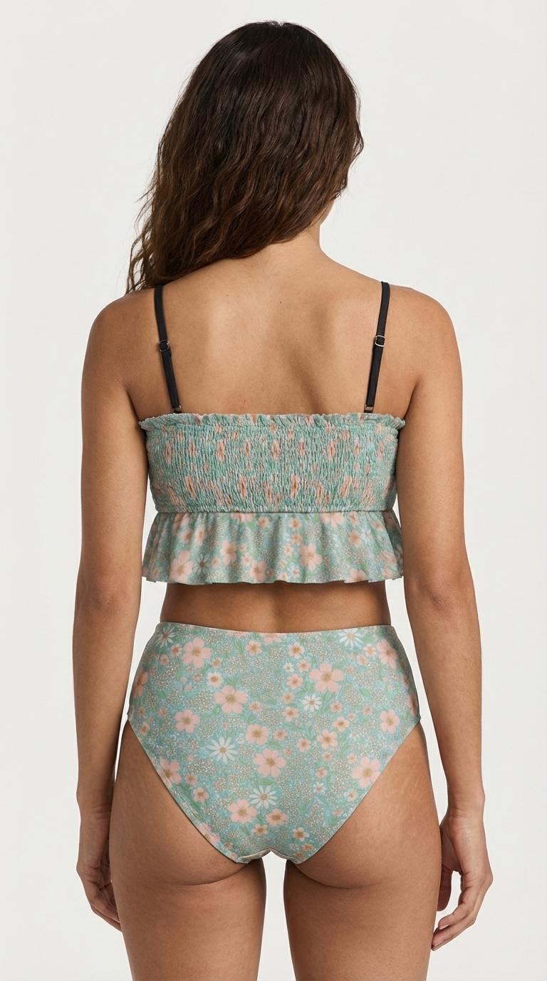 Retro Smocked Bikini Set with Ruffle | Vintage-Inspired Cropped Tankini Swimsuit | Blue Boho Florals