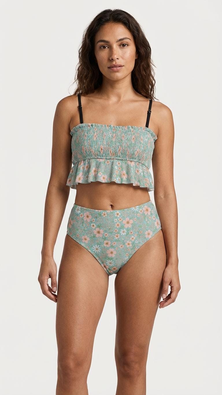 Retro Smocked Bikini Set with Ruffle | Vintage-Inspired Cropped Tankini Swimsuit | Blue Boho Florals