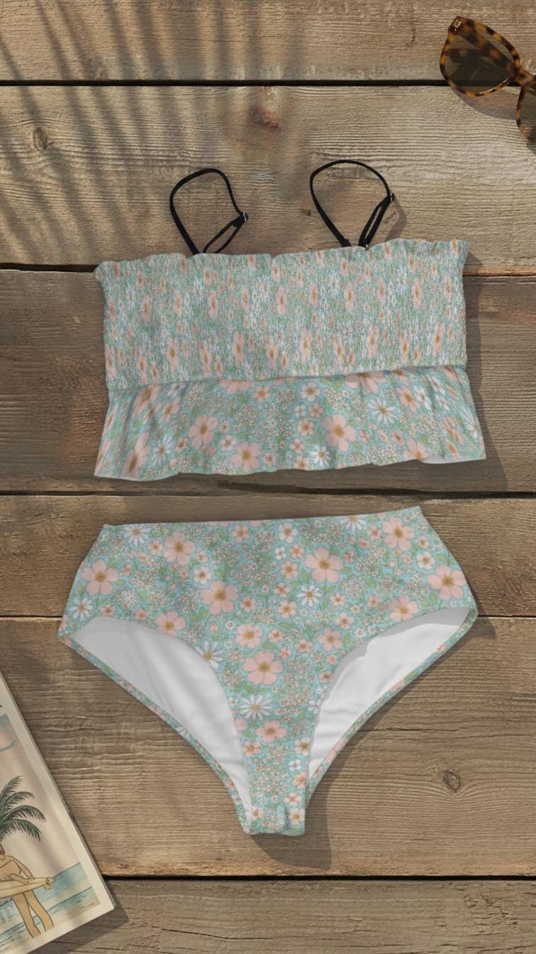 Retro Smocked Bikini Set with Ruffle | Vintage-Inspired Cropped Tankini Swimsuit | Blue Boho Florals