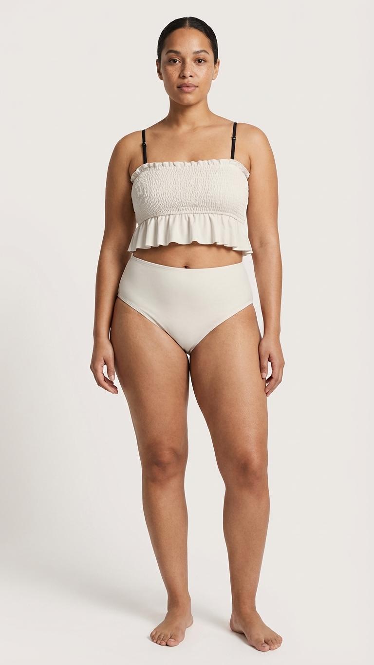 Retro Smocked Bikini Set with Ruffle | Vintage-Inspired Crop Tankini Swimsuit | Delicate Colours