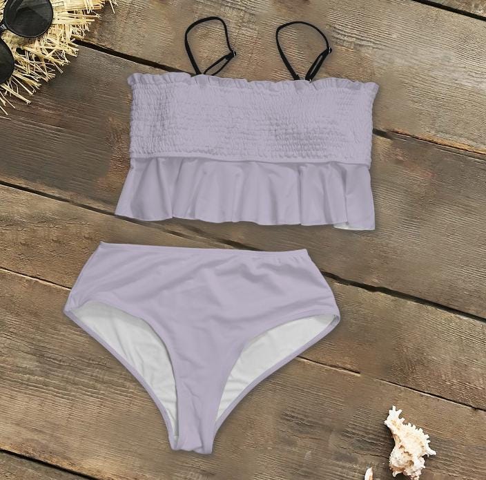 Retro Smocked Bikini Set with Ruffle | Vintage-Inspired Crop Tankini Swimsuit | Delicate Colours