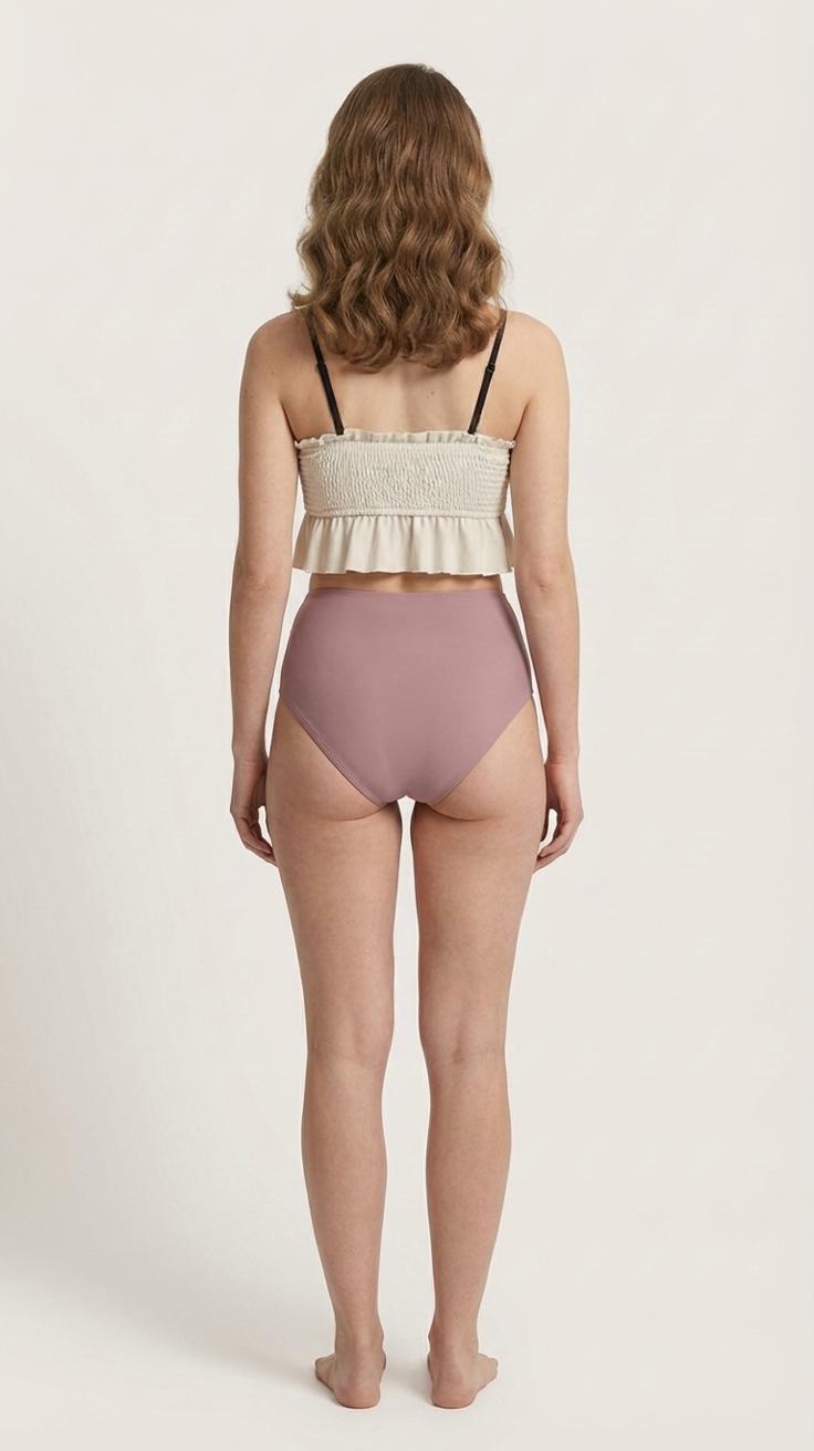 Retro Smocked Bikini Set with Ruffle | Vintage-Inspired Crop Tankini Swimsuit | Two-Tone Cream & Old Rose
